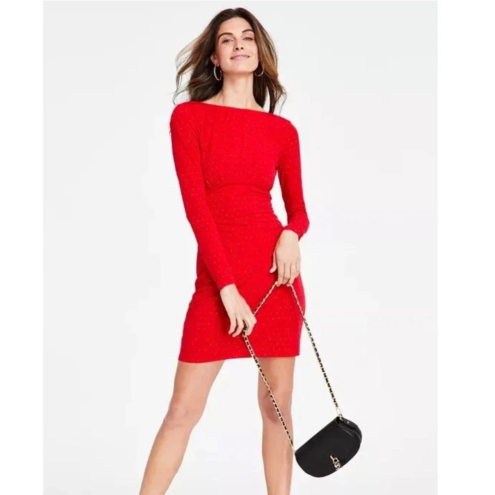 Michael Kors Long Sleeve Studded Drape‎ Back Bodycon Mini Dress Womens XS Red